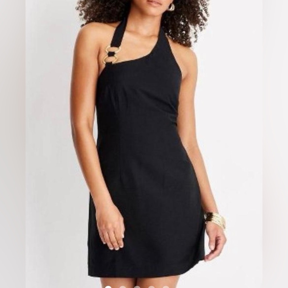 Future Collective Black Mini Dress One Shoulder Halter Gold Ring Size 16 NWT